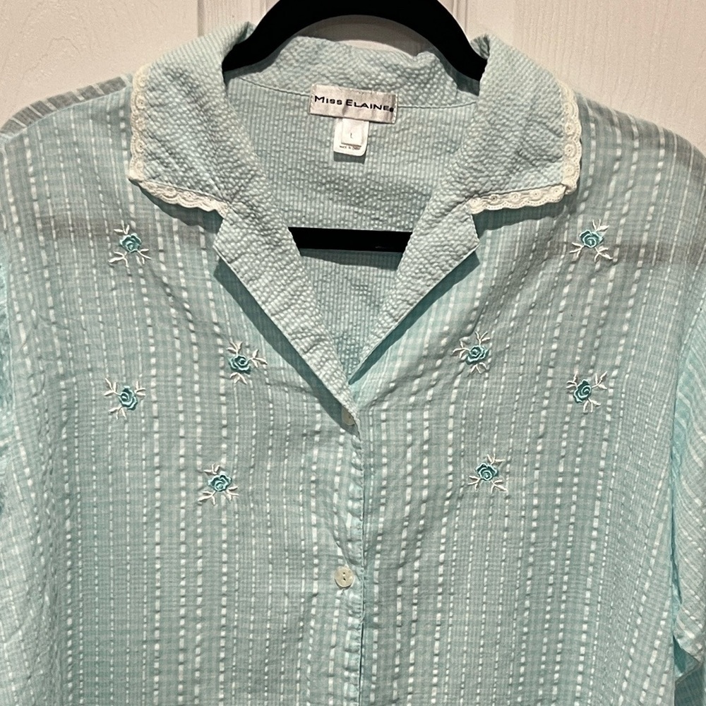 Miss Elaine Aqua and white seersucker long sleeve button down night shirt Large - Picture 3 of 7